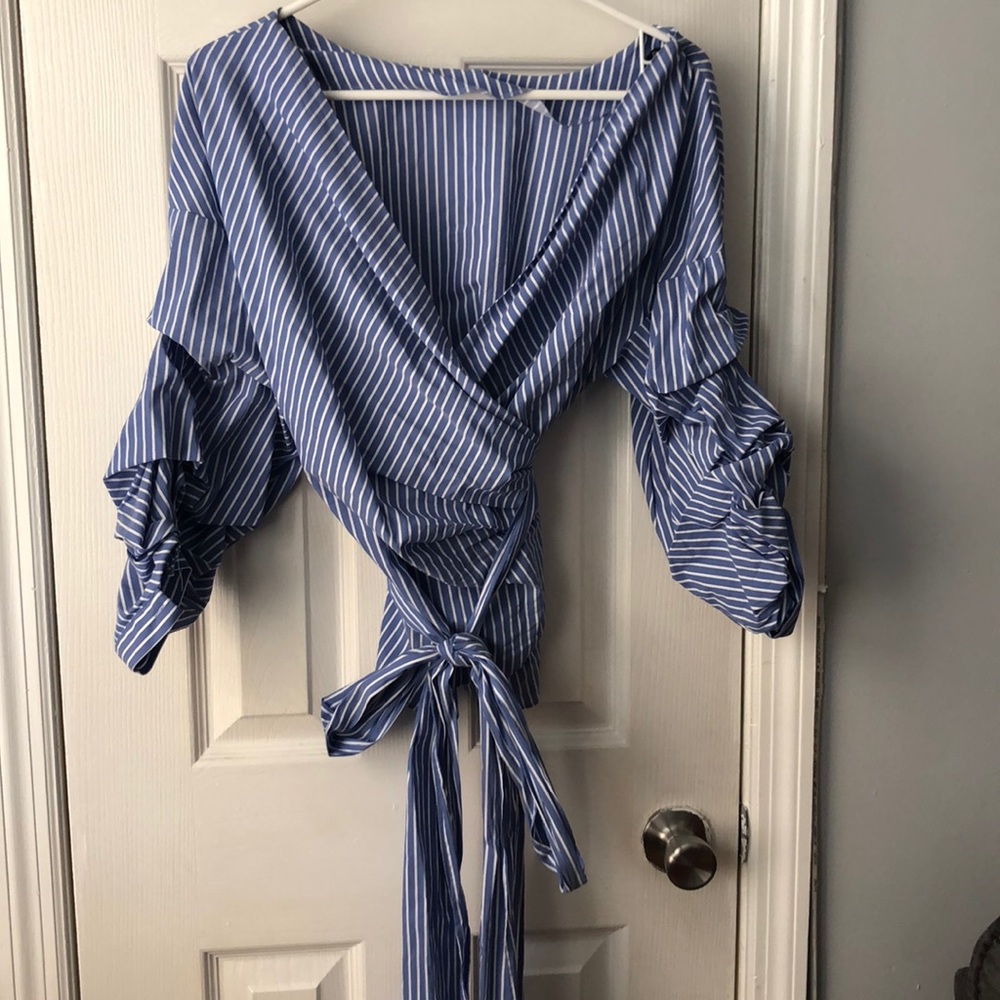 Zara blue striped wrap shirt